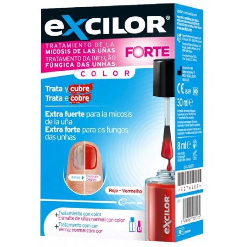 Excilor forte + esmalte cosmetico 1 frasco 30 ml color rojo + 1 envase 8 ml color rojo