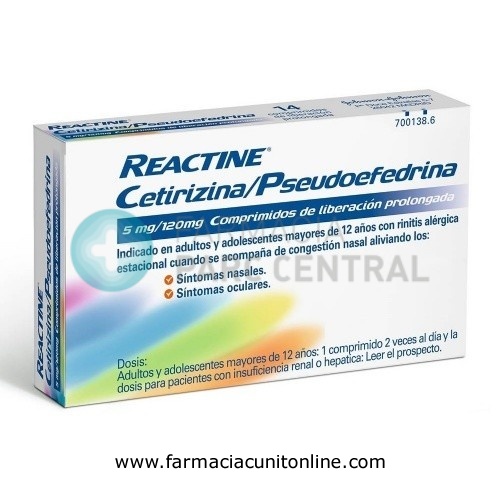 REACTINE CETIRIZINA/PSEUDOEFEDRINA 5mg/120mg COMPRIMIDOS DE LIBERACION PROLONGADA , 14 comprimidos