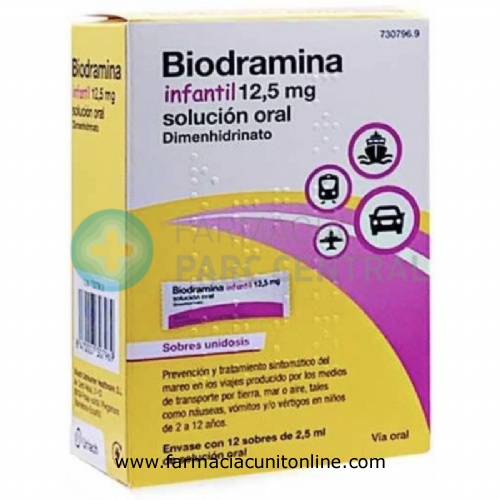 BIODRAMINA INFANTIL 12,5 MG SOLUCION ORAL, 12 sobres unidosis de 2,5 ml