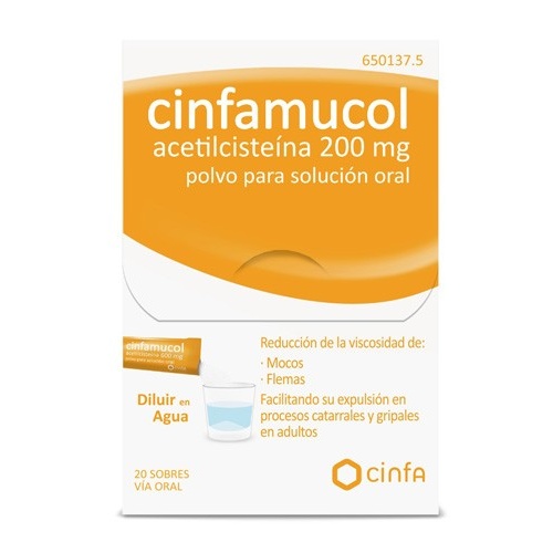 CINFAMUCOL ACETILCISTEINA 200 mg POLVO PARA SOLUCION ORAL , 20 sobres
