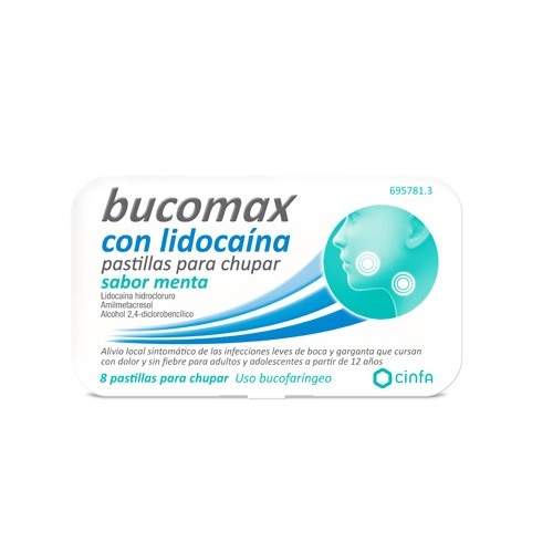 BUCOMAX CON LIDOCAINA PASTILLAS PARA CHUPAR SABOR MENTA, 8 pastillas