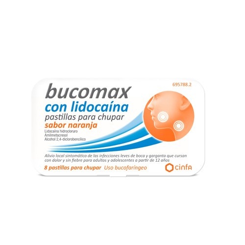 BUCOMAX CON LIDOCAINA PASTILLAS PARA CHUPAR SABOR NARANJA, 8 pastillas